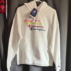 Champion White Hoodie with Vibrant Logo